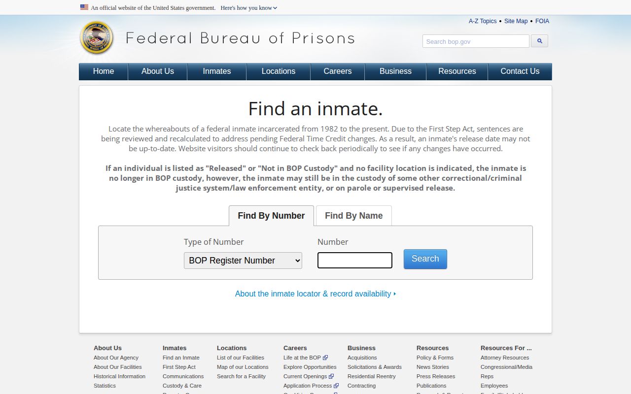 BOP Inmate Locator used to confirm releases from FCI Tallahassee