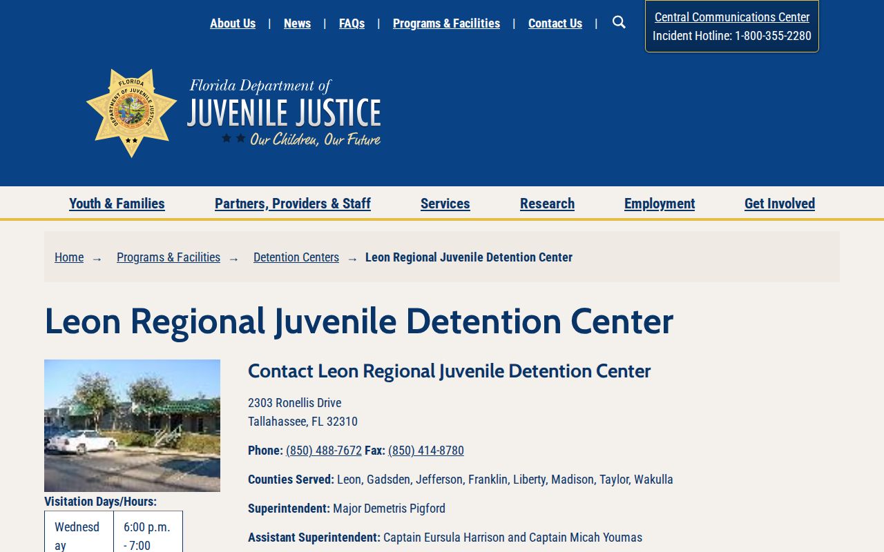 Official Florida DJJ page for Leon Regional Juvenile Detention Center