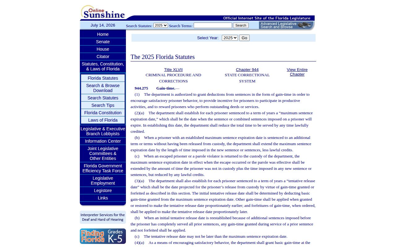 Florida Statute 944.275 on tentative release dates and gain-time