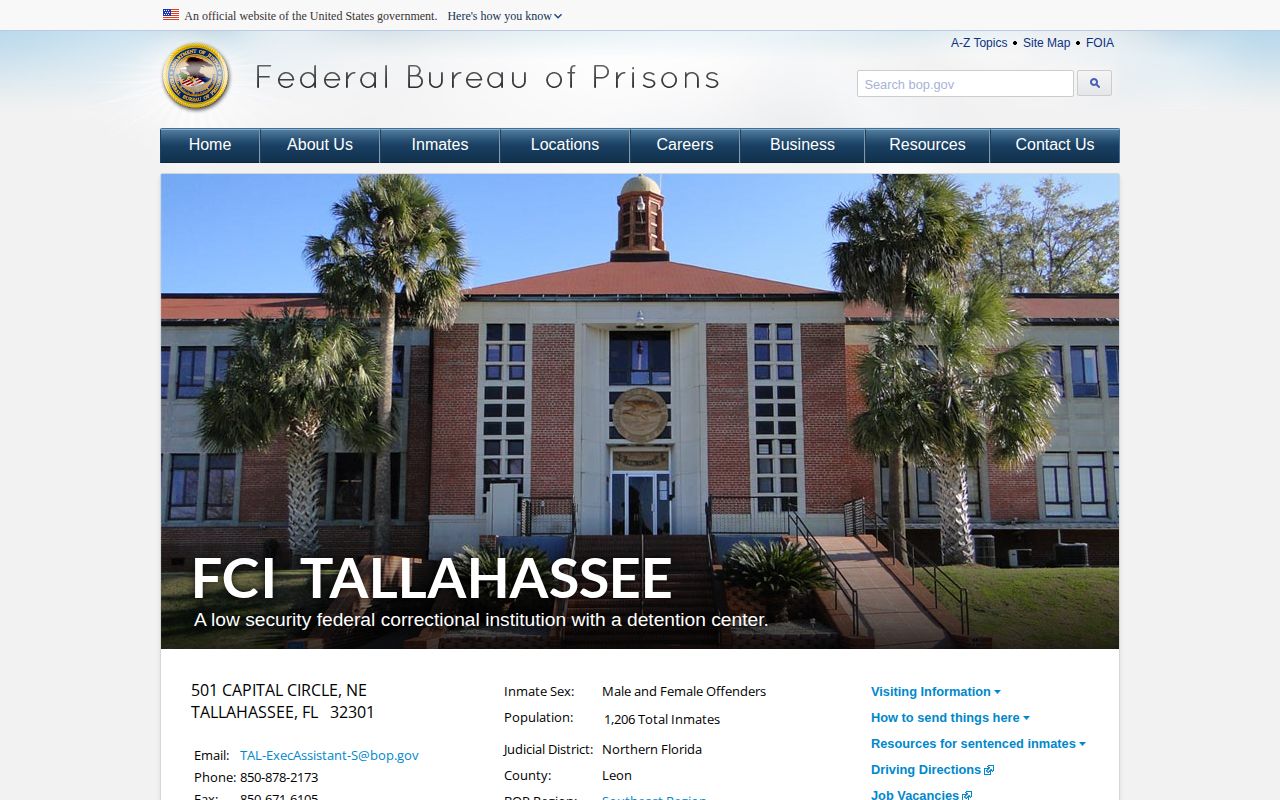 Official Bureau of Prisons page for Federal Correctional Institution Tallahassee